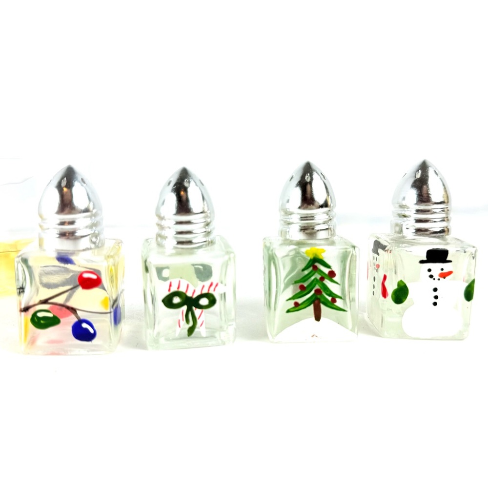 Holiday Mini Glass Salt & Pepper Shakers Set of 4 Square Holly Christmas Tree